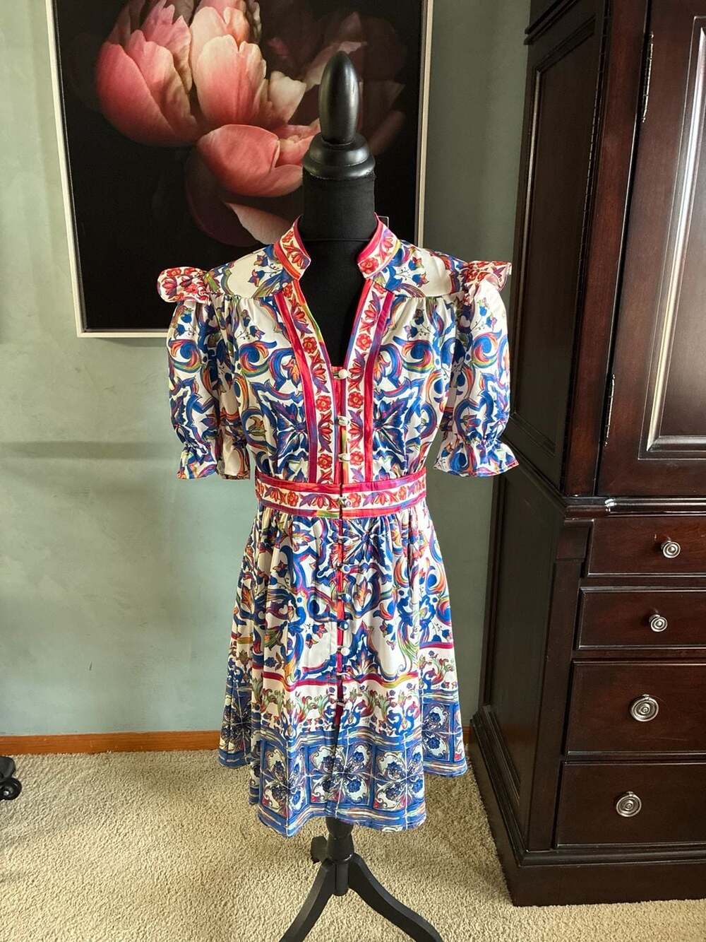 Lai Meng Five Cats Ornate Floral Print Button-Down Midi Dress Size M A424